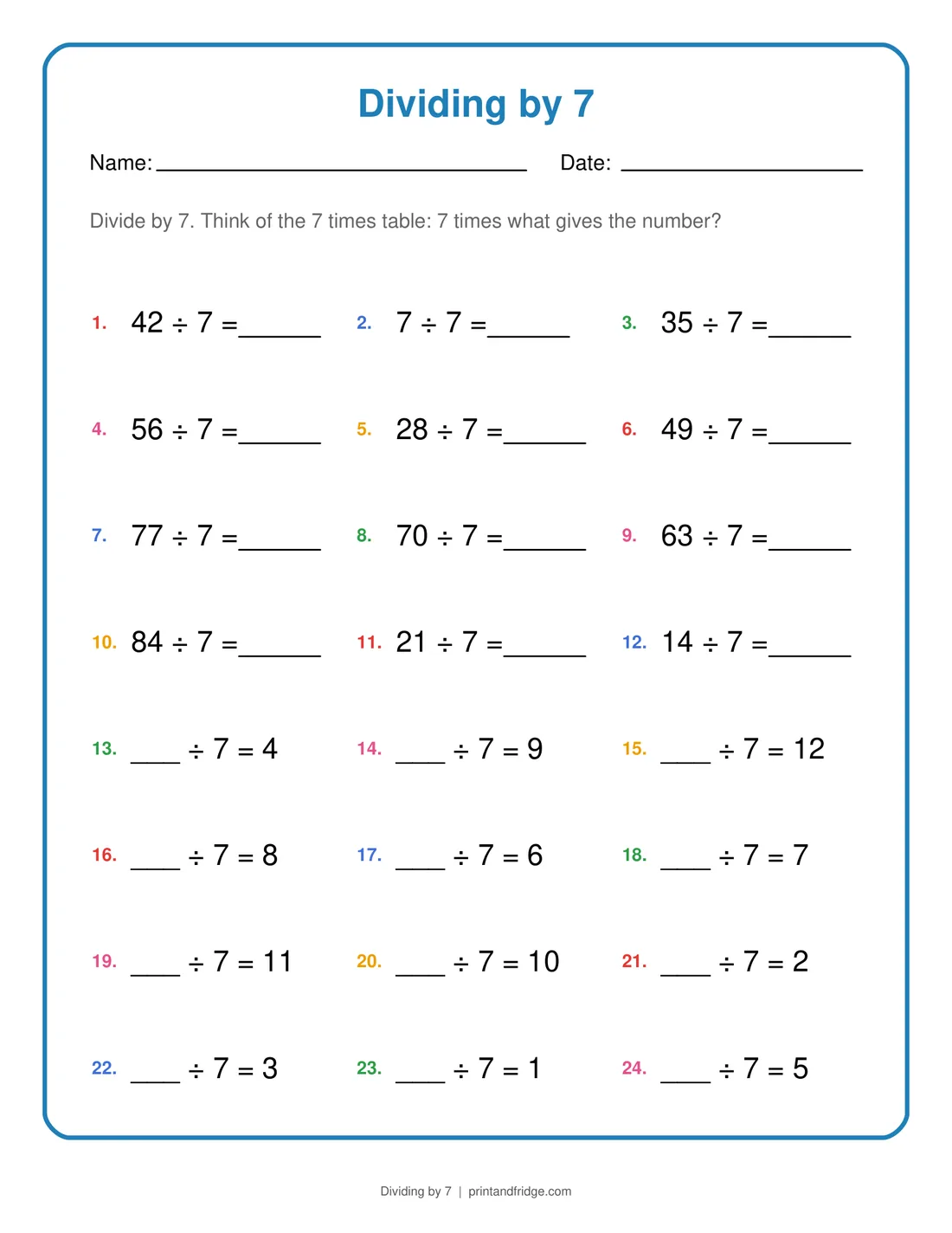 Dividing by 7 printable worksheet