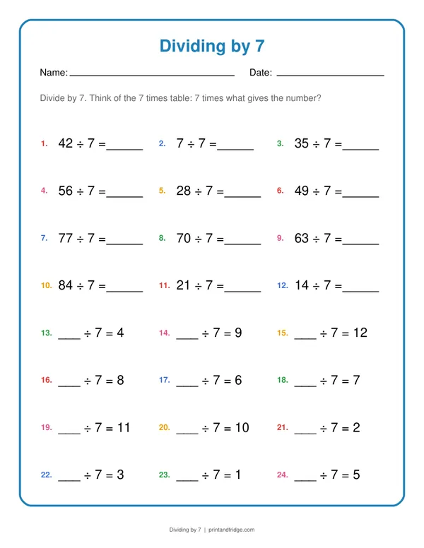 Dividing by 7 printable worksheet