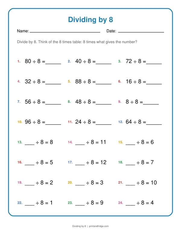 Dividing by 8 printable worksheet