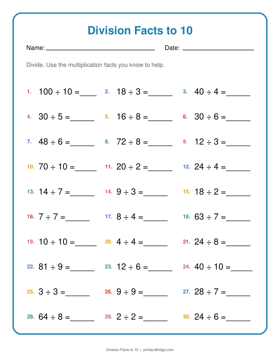 Division Facts to 10 printable worksheet
