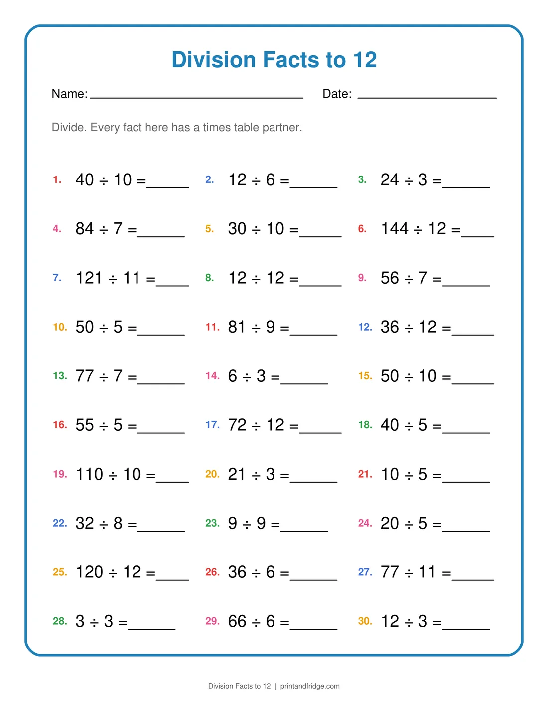Division Facts to 12 printable worksheet