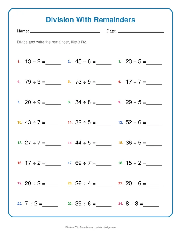 Division With Remainders printable worksheet