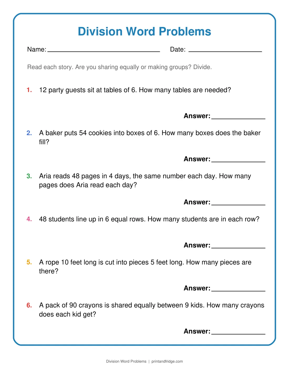 Division Word Problems printable worksheet