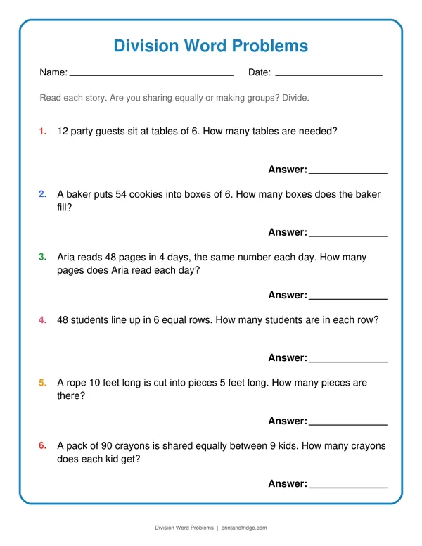 Division Word Problems printable worksheet