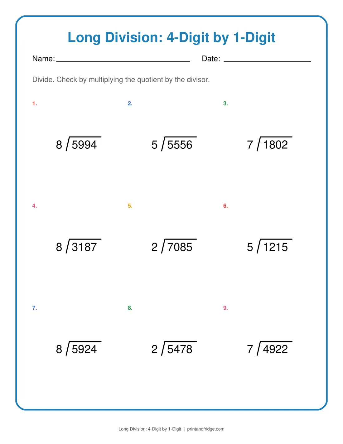 Long Division: 4-Digit by 1-Digit printable worksheet