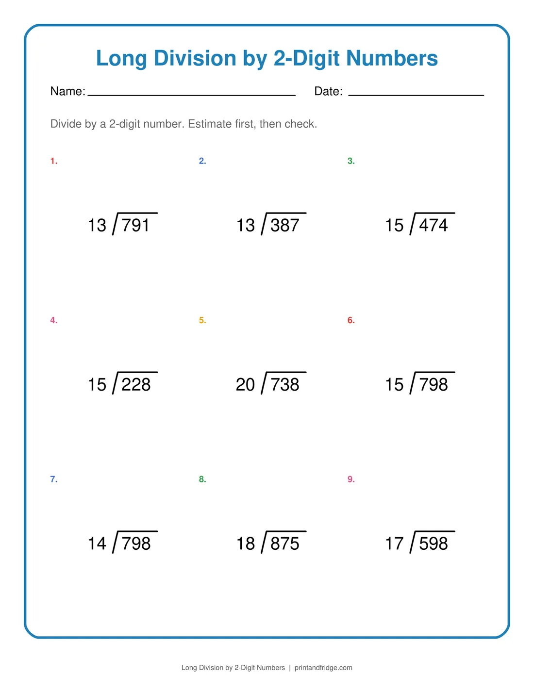 Long Division by 2-Digit Numbers printable worksheet