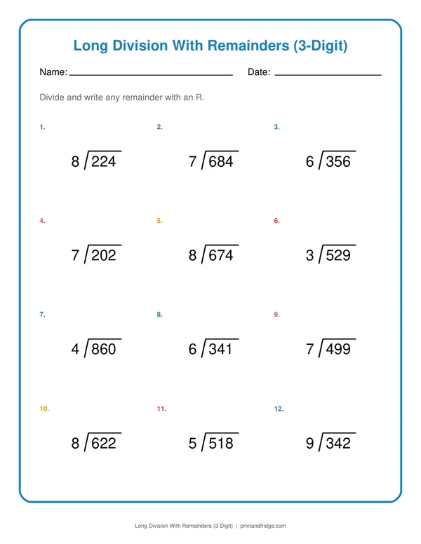 Long Division With Remainders (3-Digit) printable worksheet