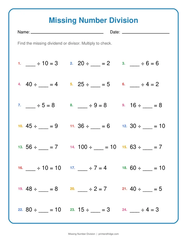 Missing Number Division printable worksheet