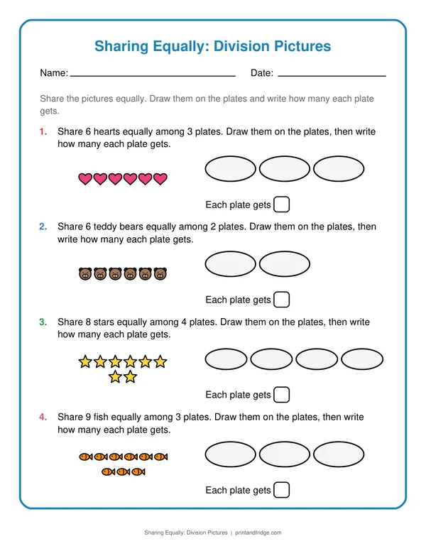 Sharing Equally: Division Pictures printable worksheet