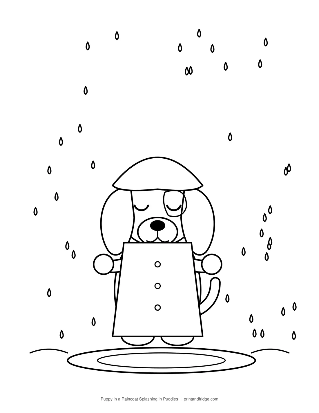 Puppy in a Raincoat Splashing in Puddles printable coloring page