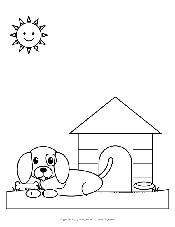 Puppy Resting by Its Doghouse printable coloring page