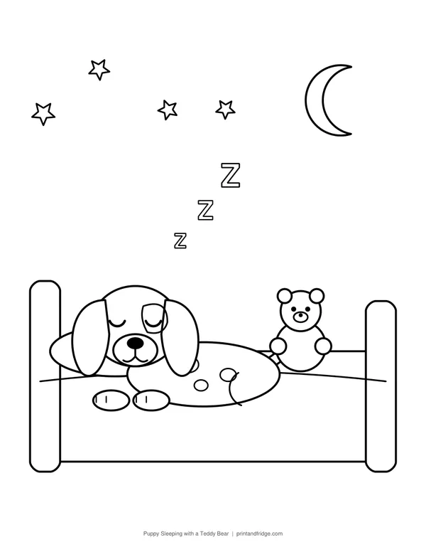 Puppy Sleeping with a Teddy Bear printable coloring page