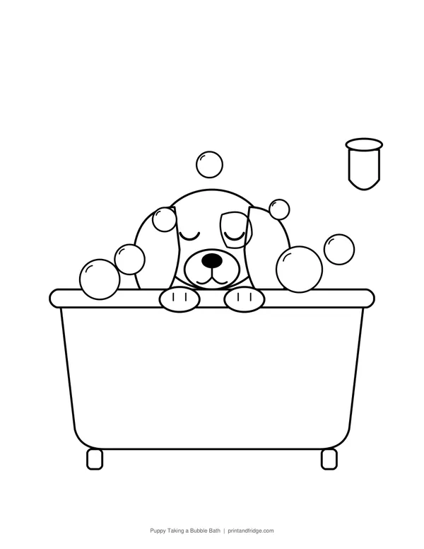 Puppy Taking a Bubble Bath printable coloring page