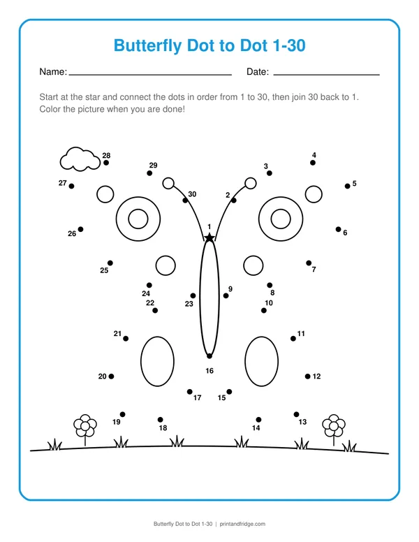 Butterfly Dot to Dot 1-30 printable dot-to-dot