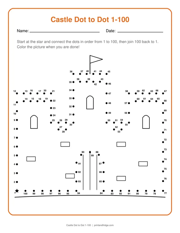 Castle Dot to Dot 1-100 printable dot-to-dot