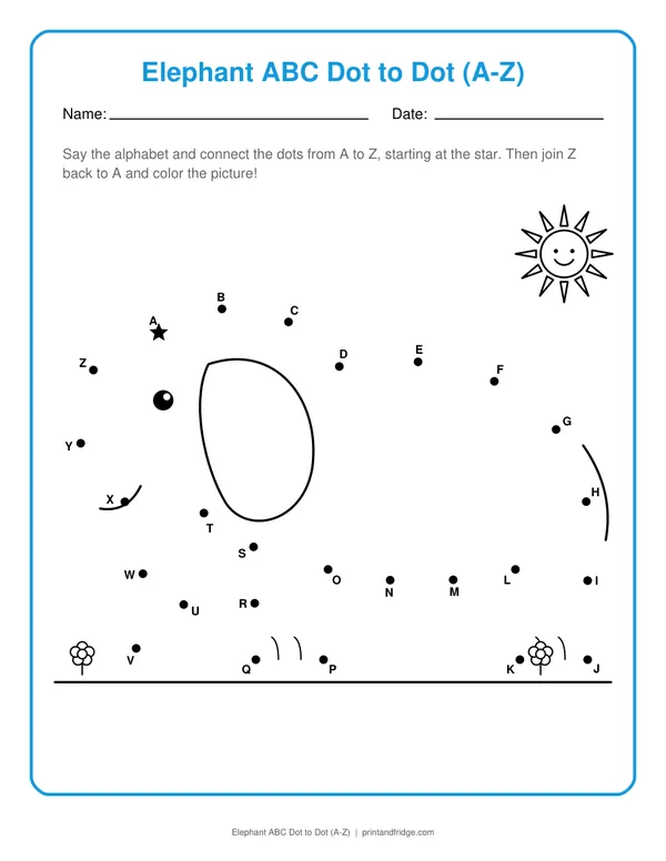 Elephant ABC Dot to Dot (A-Z) printable dot-to-dot