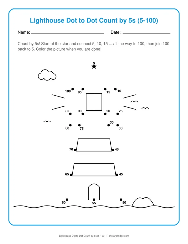 Lighthouse Dot to Dot Count by 5s (5-100) printable dot-to-dot