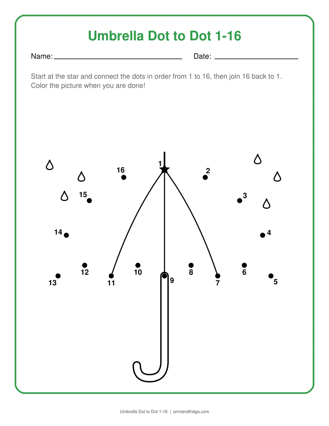 Umbrella Dot to Dot 1-16 printable dot-to-dot