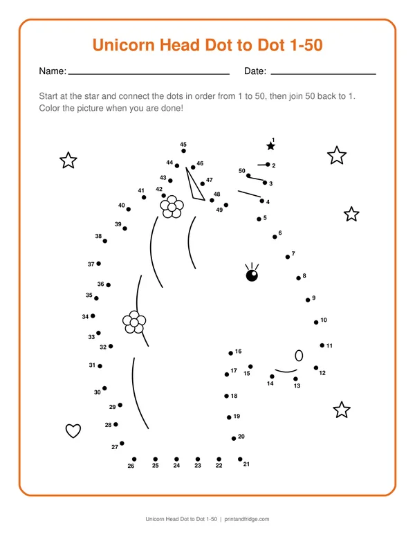 Unicorn Head Dot to Dot 1-50 printable dot-to-dot