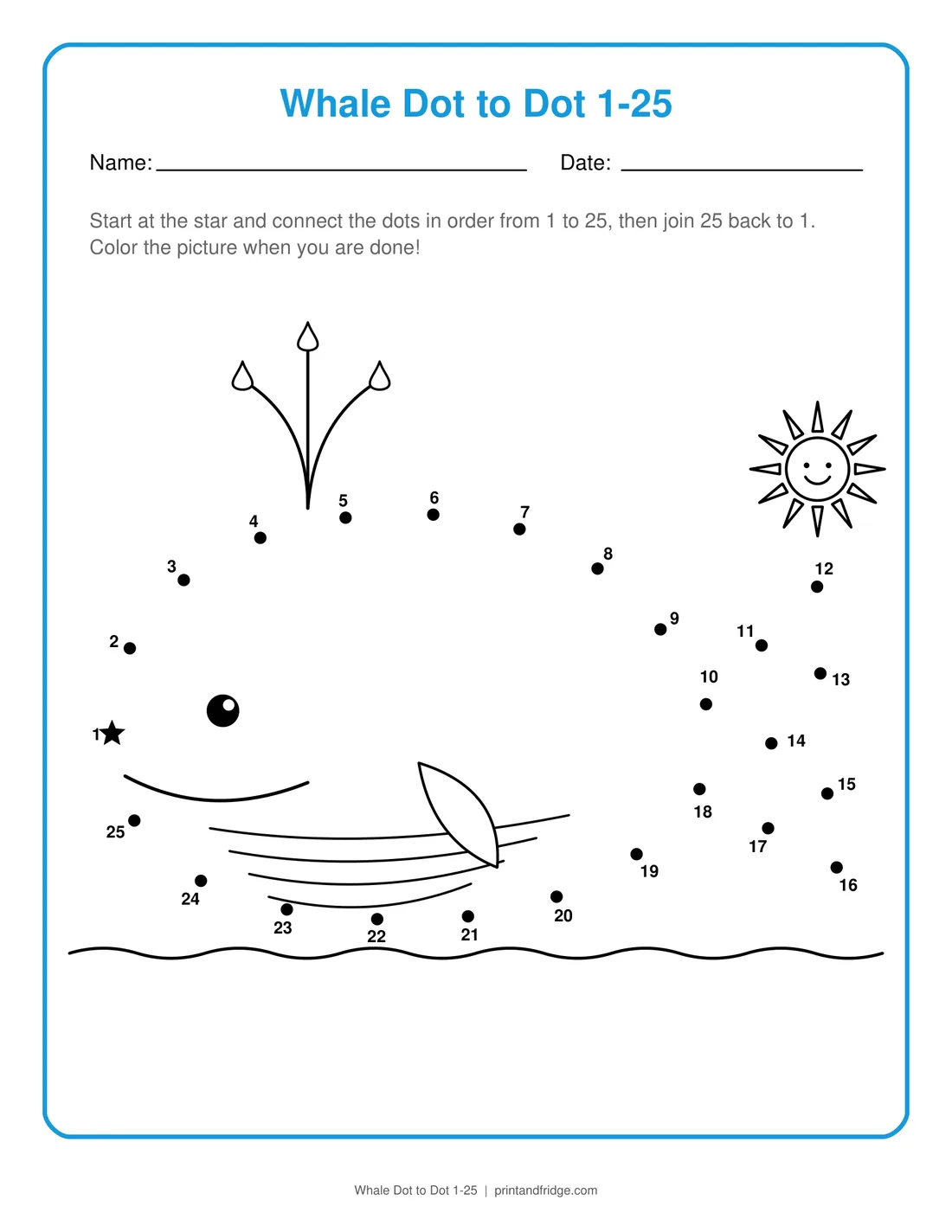Whale Dot to Dot 1-25 printable dot-to-dot