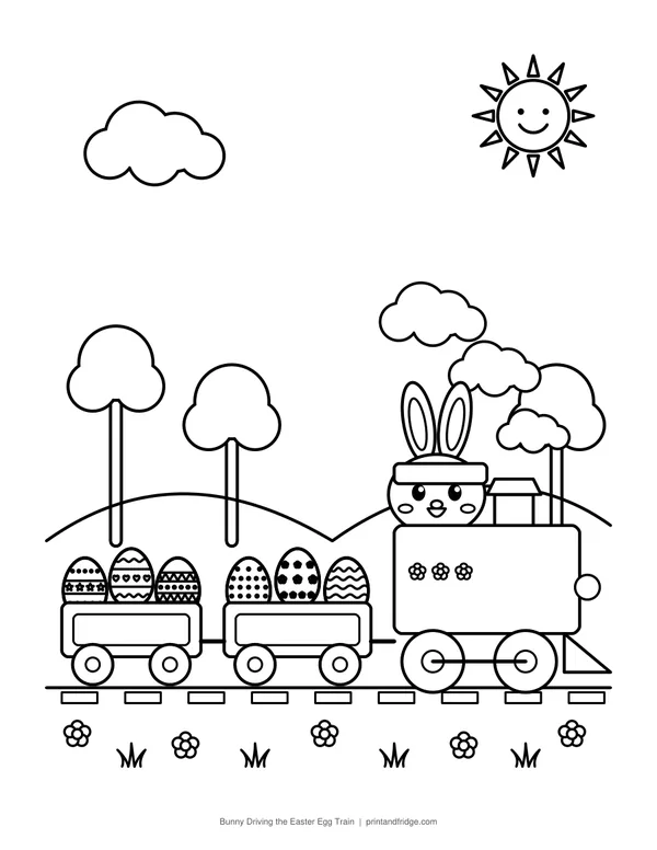 Bunny Driving the Easter Egg Train printable coloring page