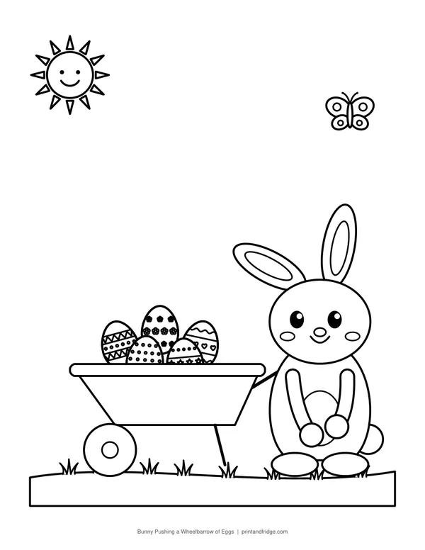 Bunny Pushing a Wheelbarrow of Eggs printable coloring page