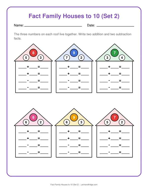 Fact Family Houses to 10 (Set 2) printable worksheet