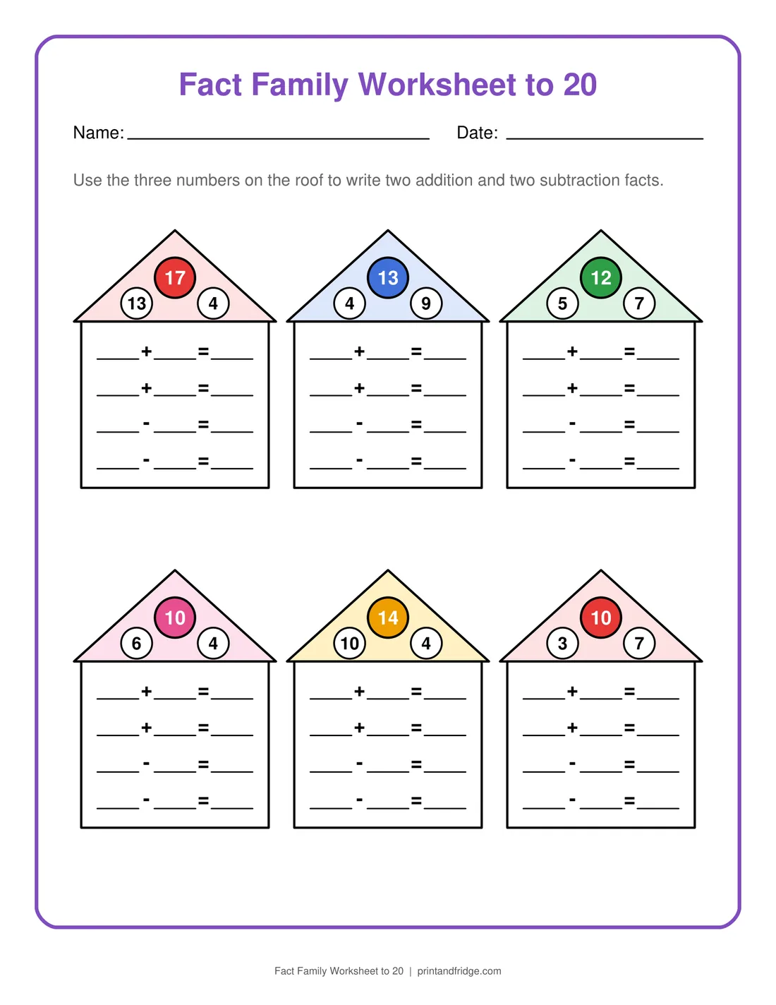 Fact Family Worksheet to 20 printable worksheet