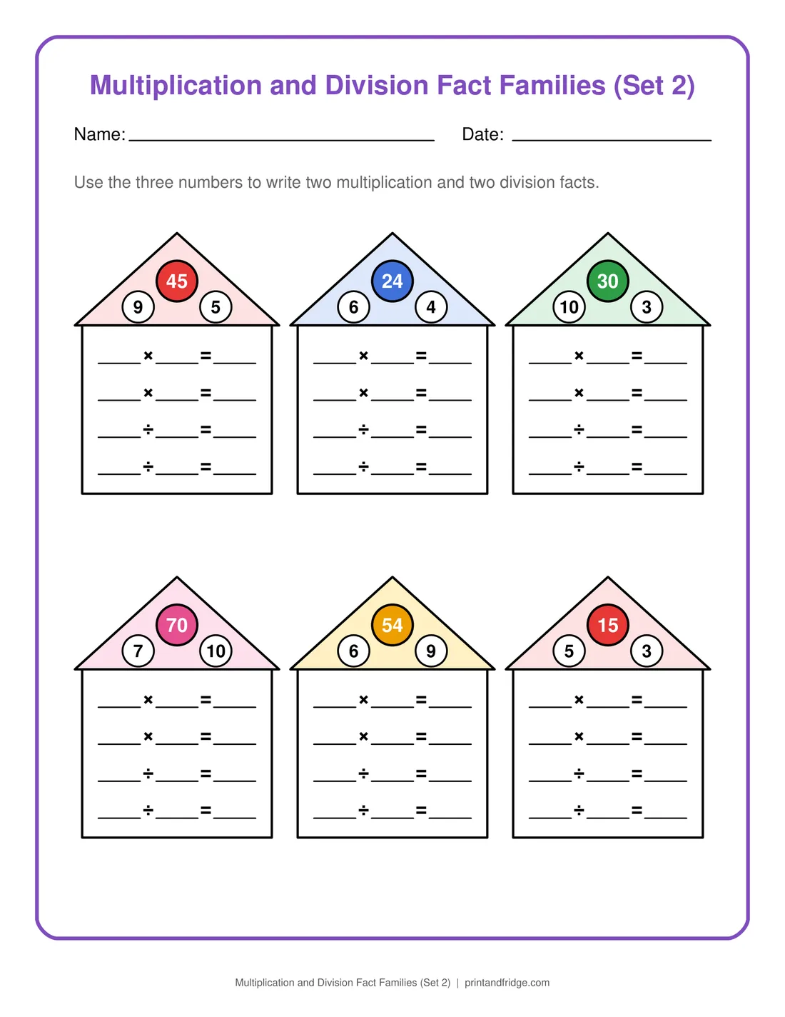 Multiplication and Division Fact Families (Set 2) printable worksheet