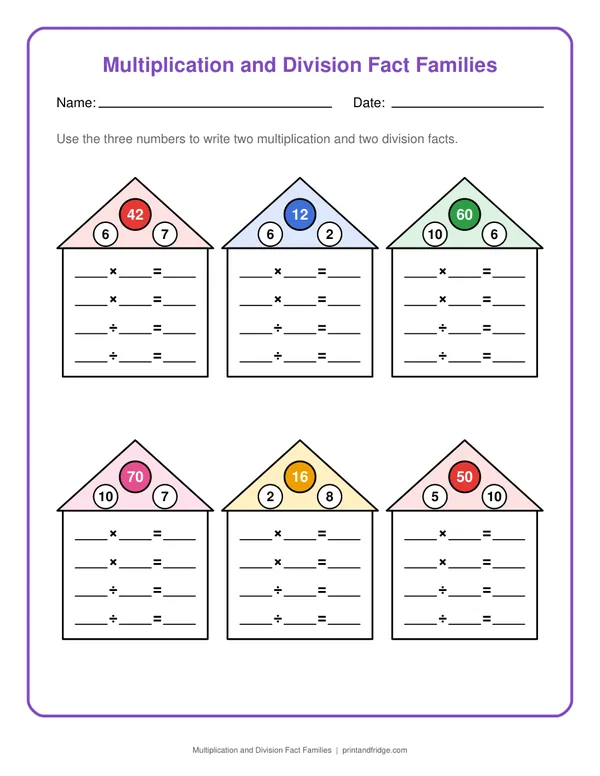 Multiplication and Division Fact Families printable worksheet