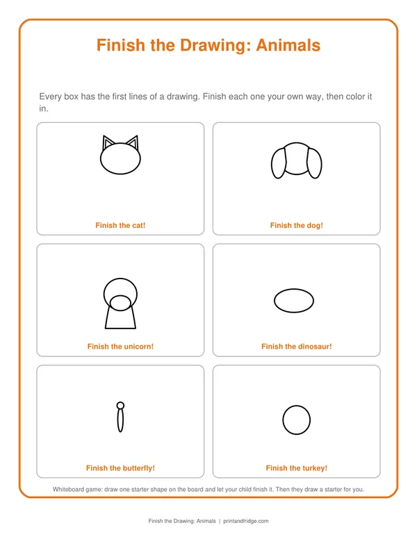 Finish the Drawing: Animals printable game