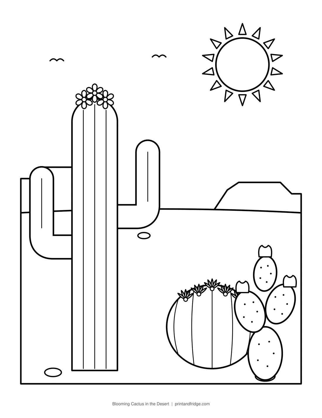 Blooming Cactus in the Desert printable coloring page
