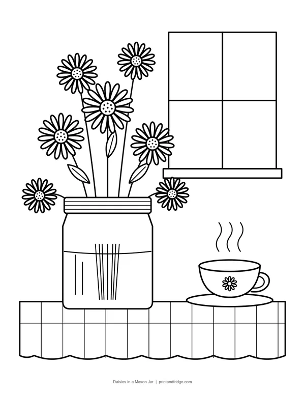 Daisies in a Mason Jar printable coloring page