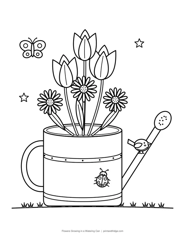 Flowers Growing in a Watering Can printable coloring page