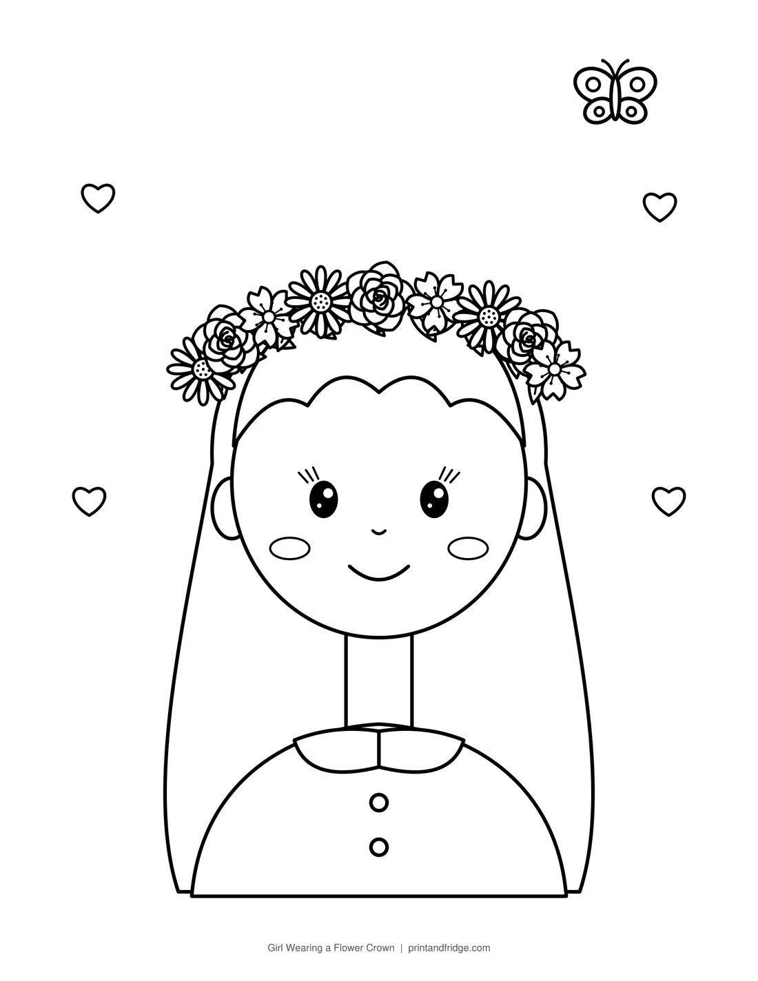 Girl Wearing a Flower Crown printable coloring page