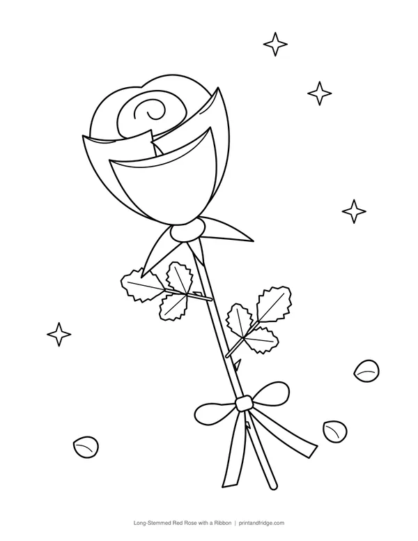Long-Stemmed Red Rose with a Ribbon printable coloring page