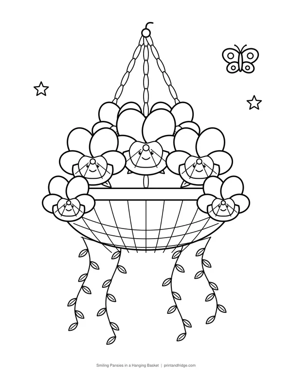 Smiling Pansies in a Hanging Basket printable coloring page