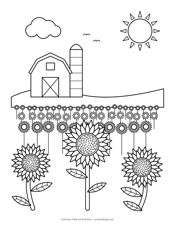Sunflower Field and Red Barn printable coloring page
