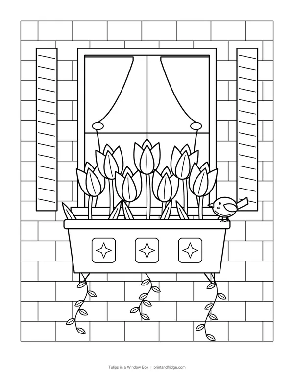 Tulips in a Window Box printable coloring page