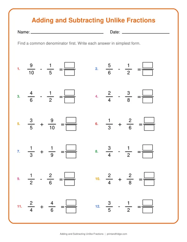 Adding and Subtracting Unlike Fractions printable worksheet