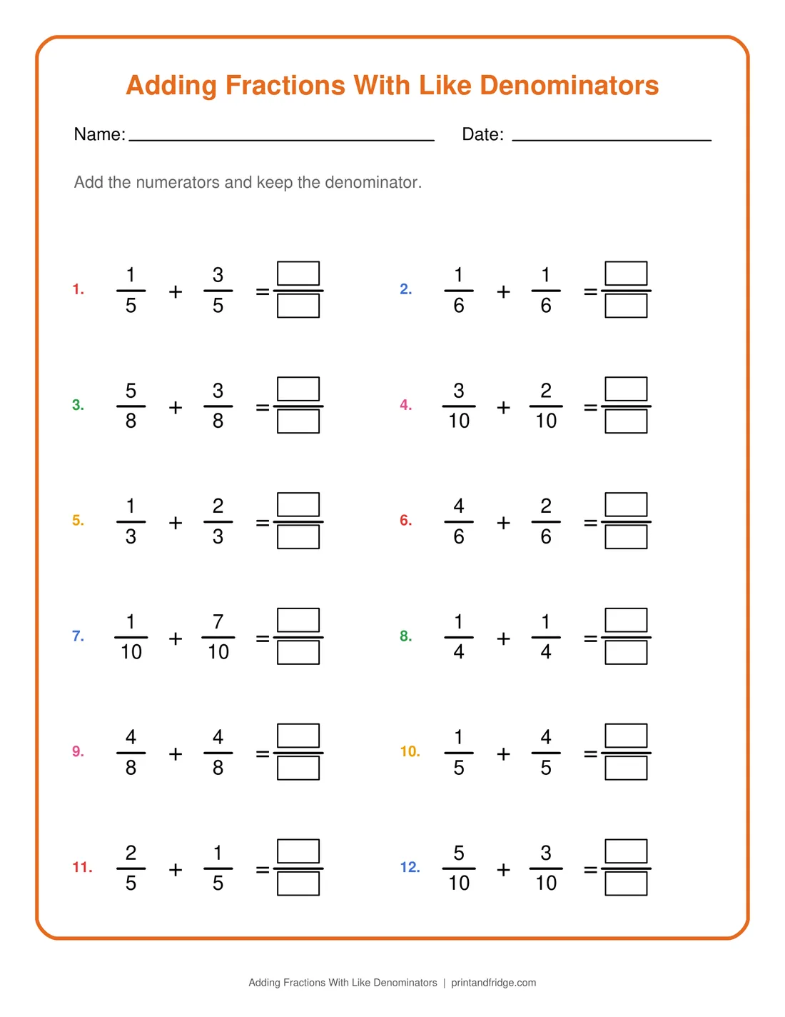 Adding Fractions With Like Denominators printable worksheet