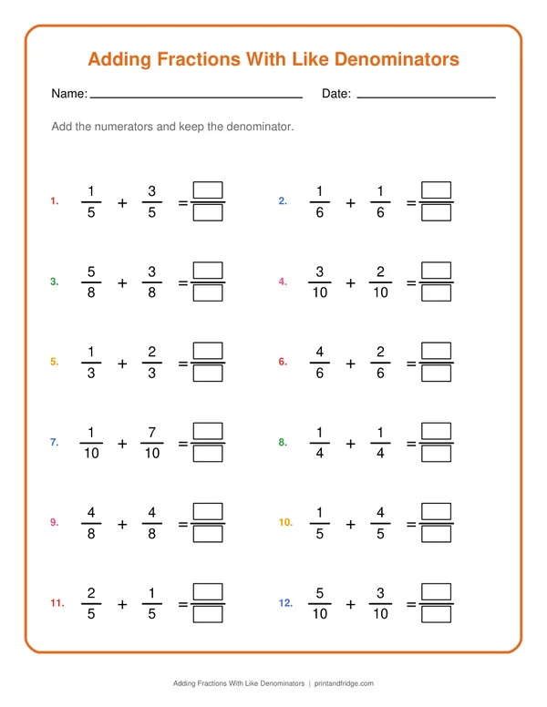 Adding Fractions With Like Denominators printable worksheet