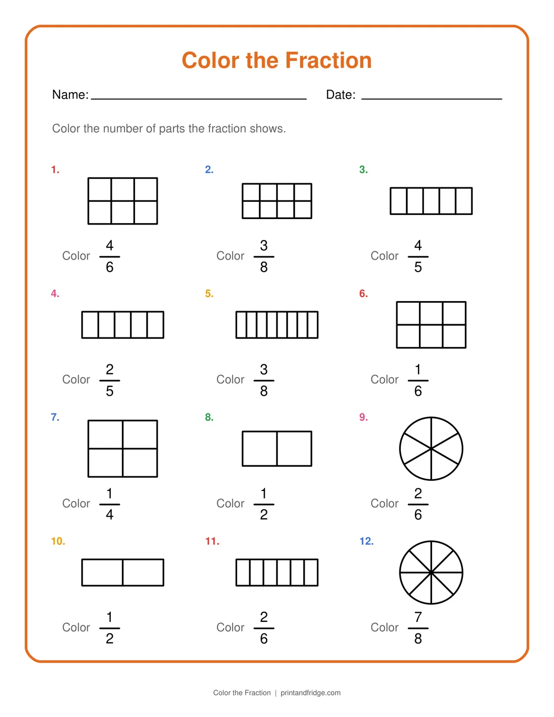 Color the Fraction printable worksheet