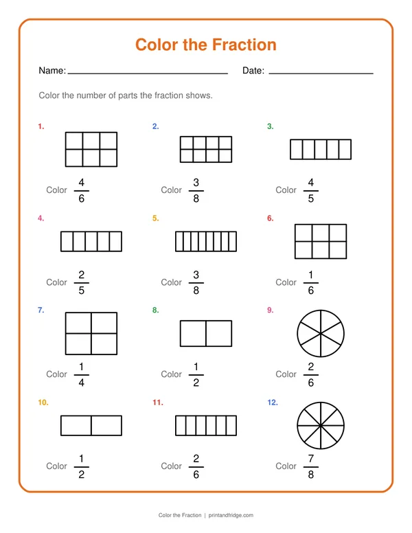 Color the Fraction printable worksheet