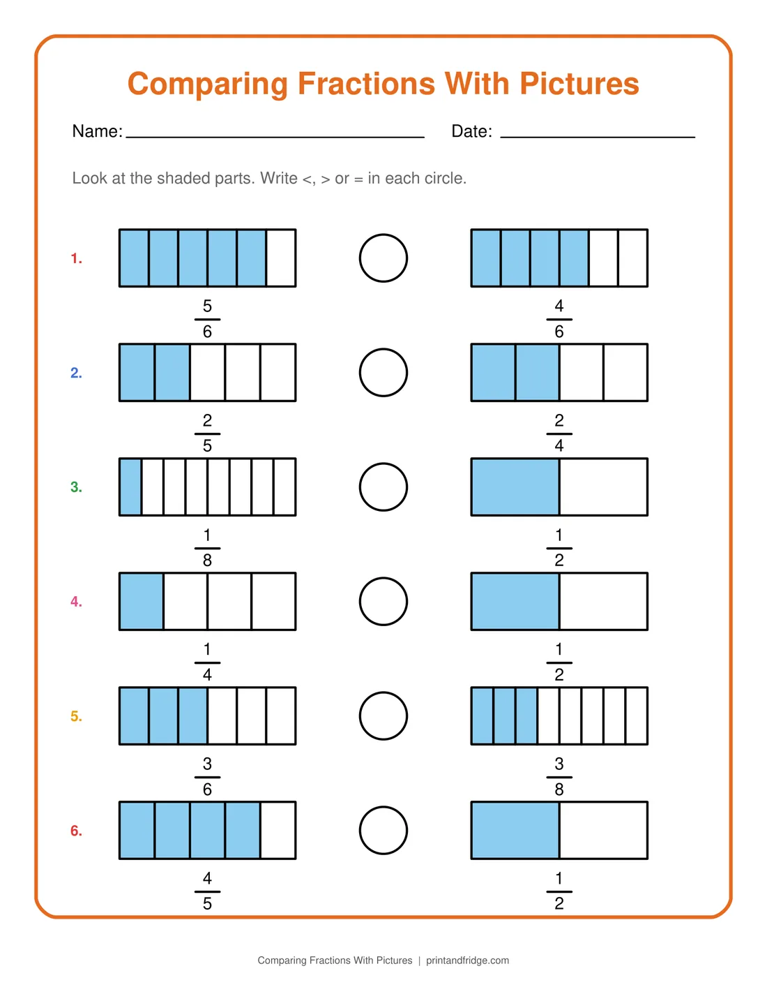 Comparing Fractions With Pictures printable worksheet