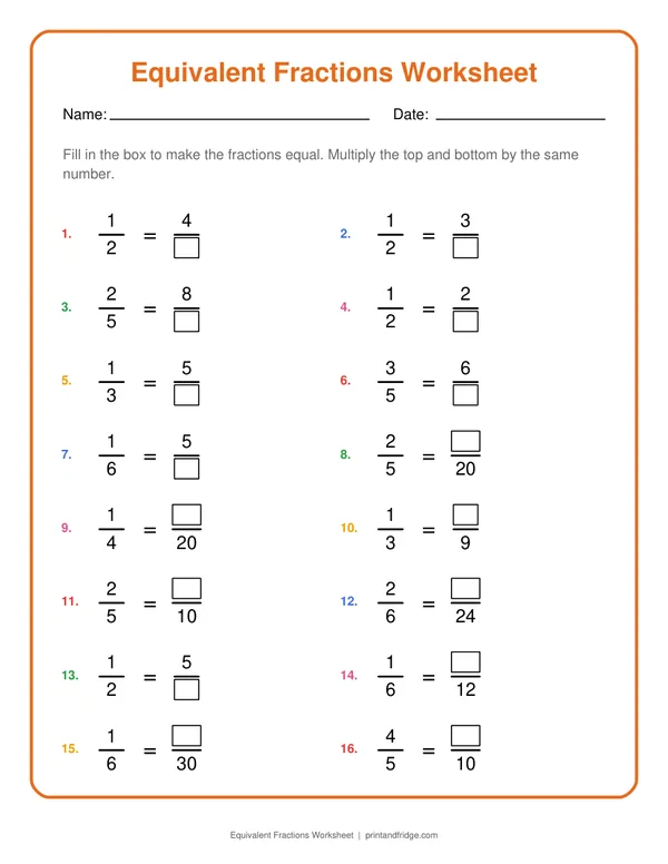 Equivalent Fractions Worksheet printable worksheet