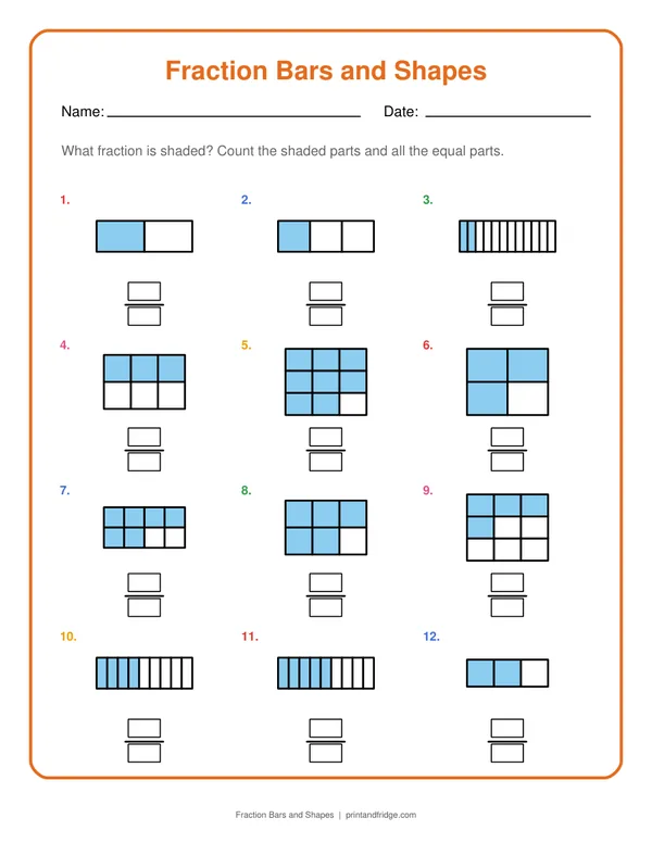Fraction Bars and Shapes printable worksheet