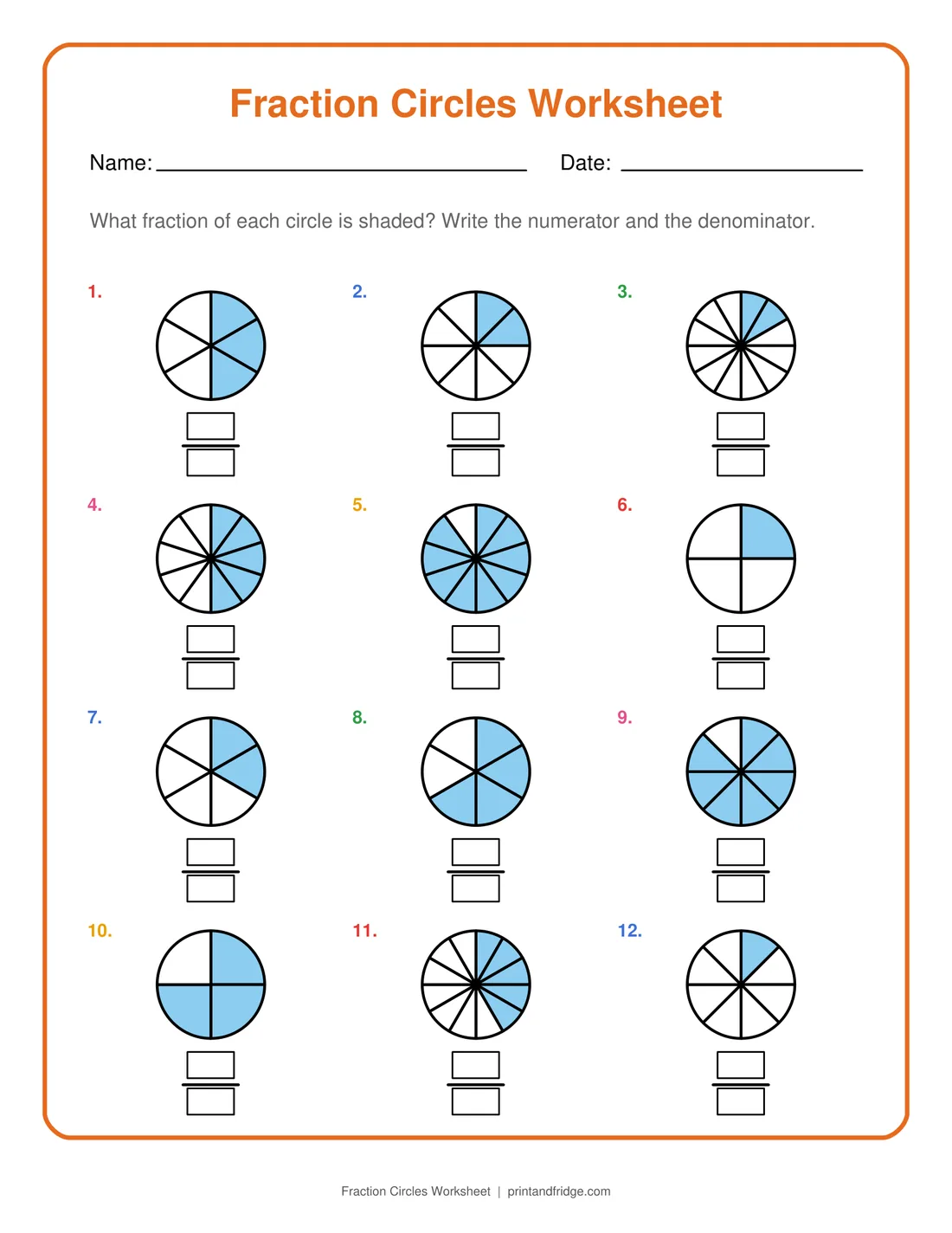 Fraction Circles Worksheet printable worksheet