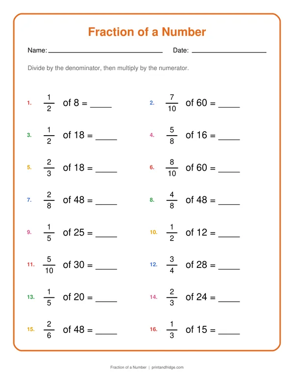 Fraction of a Number printable worksheet