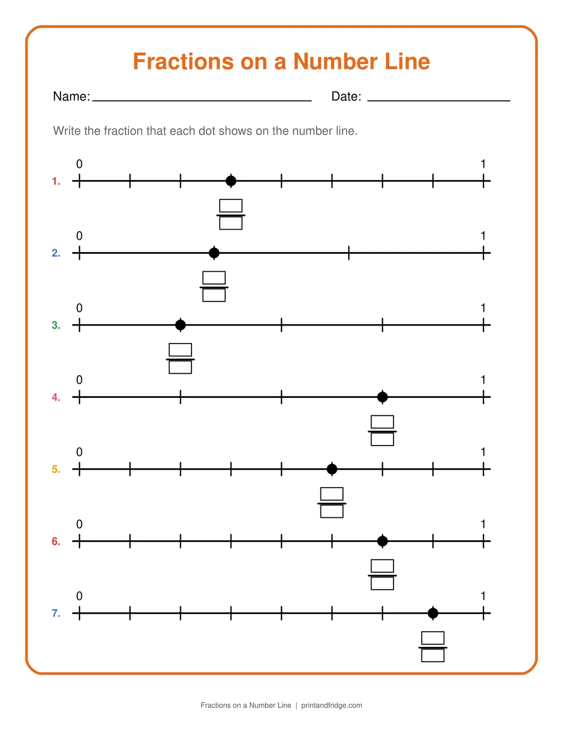 Fractions on a Number Line printable worksheet